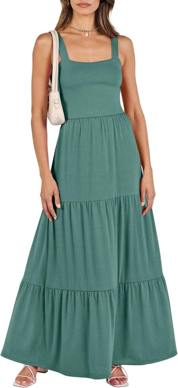 Connecteri  Women's Summer Casual Long Maxi Beach Vacation Dresses Sleeveless Square Neck Flowy Tiered Sun Dress with Pockets