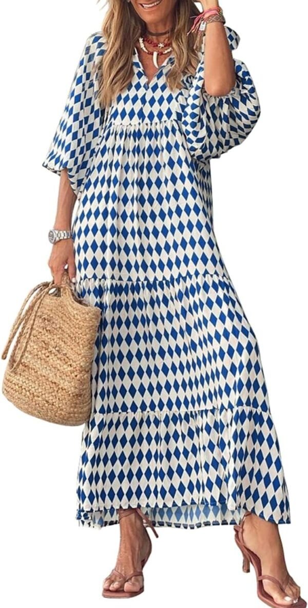 Connecteri  Womens Loose Fit Casual Summer V Neck Half Sleeve Bohemian Geometric Pattern Maxi Long Dresses