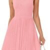 Connecteri Women's Summer Sleeveless Mini Dress 2024 Crewneck Knit A Line Pleated Swing Casual Basic Short Dress