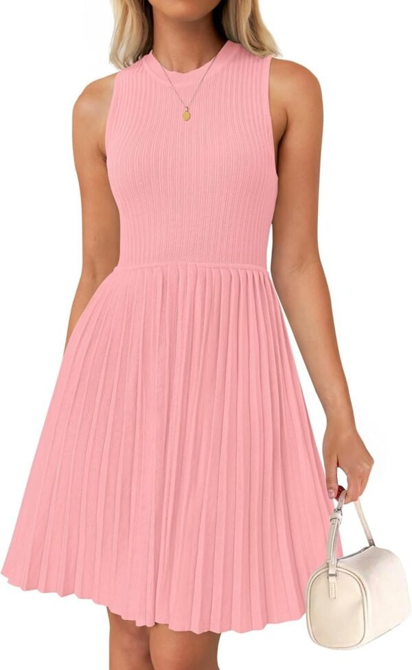Connecteri Women's Summer Sleeveless Mini Dress 2024 Crewneck Knit A Line Pleated Swing Casual Basic Short Dress
