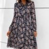 Connecteri  Work Dresses for Women 2023 Long Sleeves Chiffon Black Dress Retro Pleated Buttons Down Bow Tie Loose Causal Dresses