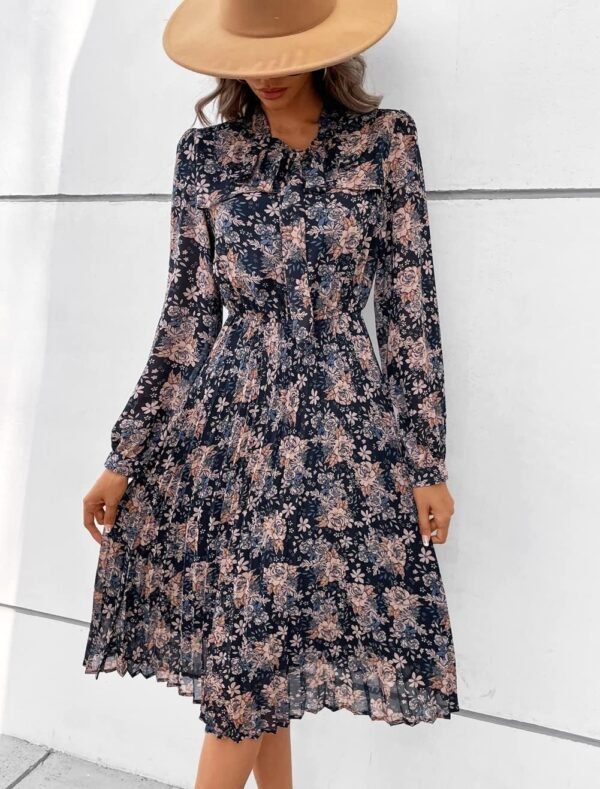 Connecteri  Work Dresses for Women 2023 Long Sleeves Chiffon Black Dress Retro Pleated Buttons Down Bow Tie Loose Causal Dresses