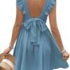 Connecteri  Women's Mini Dress V Neck Flutter Sleeve Cotton Self Tie Back A Line Short Summer Cover Up Dress