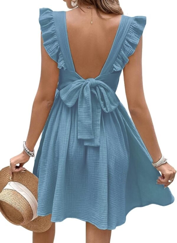 Connecteri  Women's Mini Dress V Neck Flutter Sleeve Cotton Self Tie Back A Line Short Summer Cover Up Dress