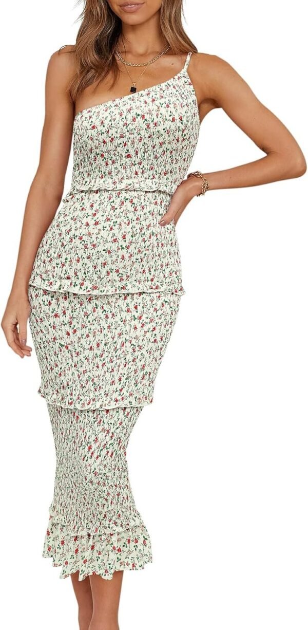 Connecteri  Womens Floral Summer One Shoulder Strappy Tiered Ruffle Midi Bodycon Dresses