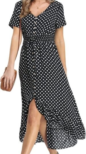 Women's Polka Dots Short Sleeve V Neck Dresses Vintage Boho Maxi Summer Dress with Stretchy Waist