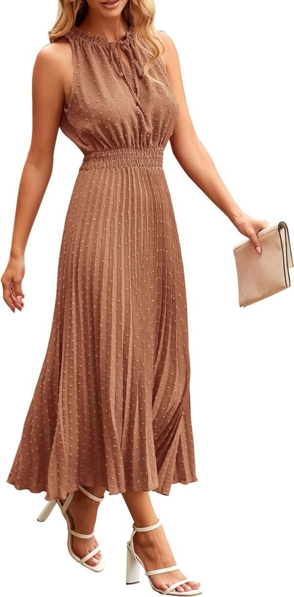 Connecteri?Womens Midi Summer V Neck Swiss Dot Ruffle Sleeveless A Line Beach Sun Dress