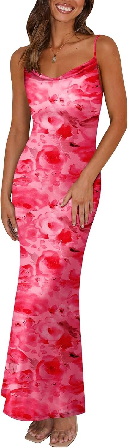 Connecteri  Women's 2024 Summer Floral Spaghetti Strap Maxi Dress Stretch Sexy Bodycon Dress Backless Slip Long Dresses