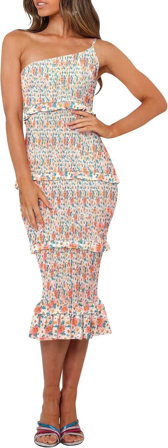 Connecteri  Womens Floral Summer One Shoulder Strappy Tiered Ruffle Midi Bodycon Dresses