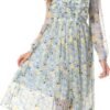 Connecteri  Women Floral Print V Neck Long Sleeves Ruffles Pleated Chiffon Flowy Swing Midi Dress