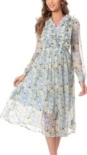 Connecteri  Women Floral Print V Neck Long Sleeves Ruffles Pleated Chiffon Flowy Swing Midi Dress