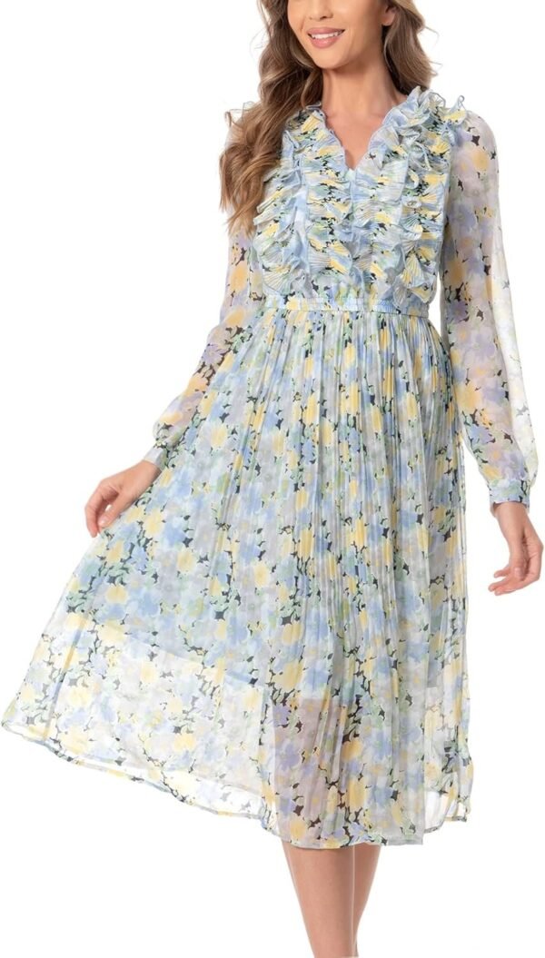 Connecteri  Women Floral Print V Neck Long Sleeves Ruffles Pleated Chiffon Flowy Swing Midi Dress
