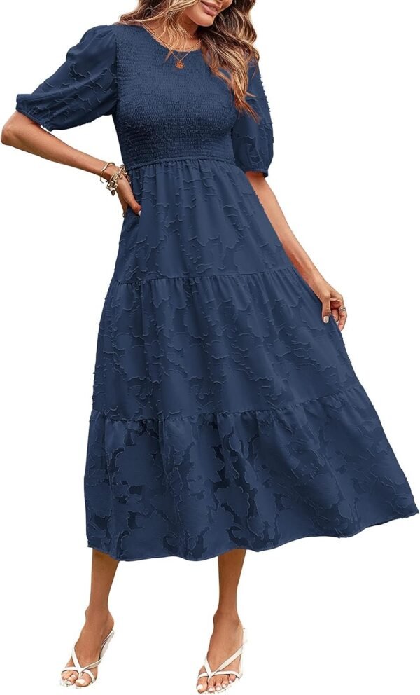 Connecteri  Women's 2024 Summer Puff Sleeve Smocked Floral Dress Crewneck Lace Flowy Tiered Midi Dresses