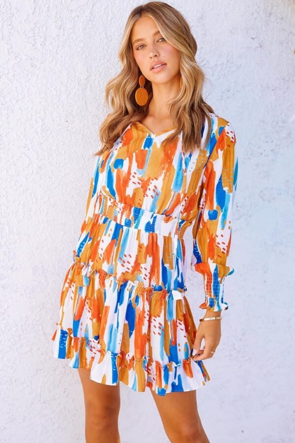 Connecteri  Womens Summer Dresses 2024 Boho Floral Drawstring V Neck Smocked Long Sleeve Ruffle Tiered Chiffon Mini Short Dress
