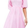 Connecteri  Women's Summer Cotton Puff Sleeves Casual Vintage Polka Dots Print Off Shoulder Midi Dress