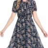 Connecteri  Work Dresses for Women 2023 Long Sleeves Chiffon Black Dress Retro Pleated Buttons Down Bow Tie Loose Causal Dresses