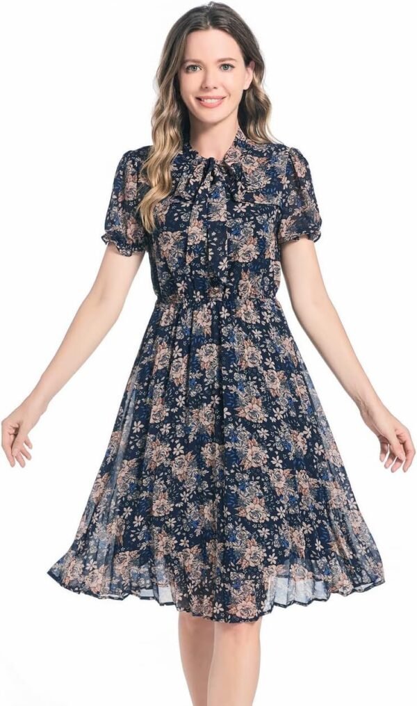 Connecteri  Work Dresses for Women 2023 Long Sleeves Chiffon Black Dress Retro Pleated Buttons Down Bow Tie Loose Causal Dresses