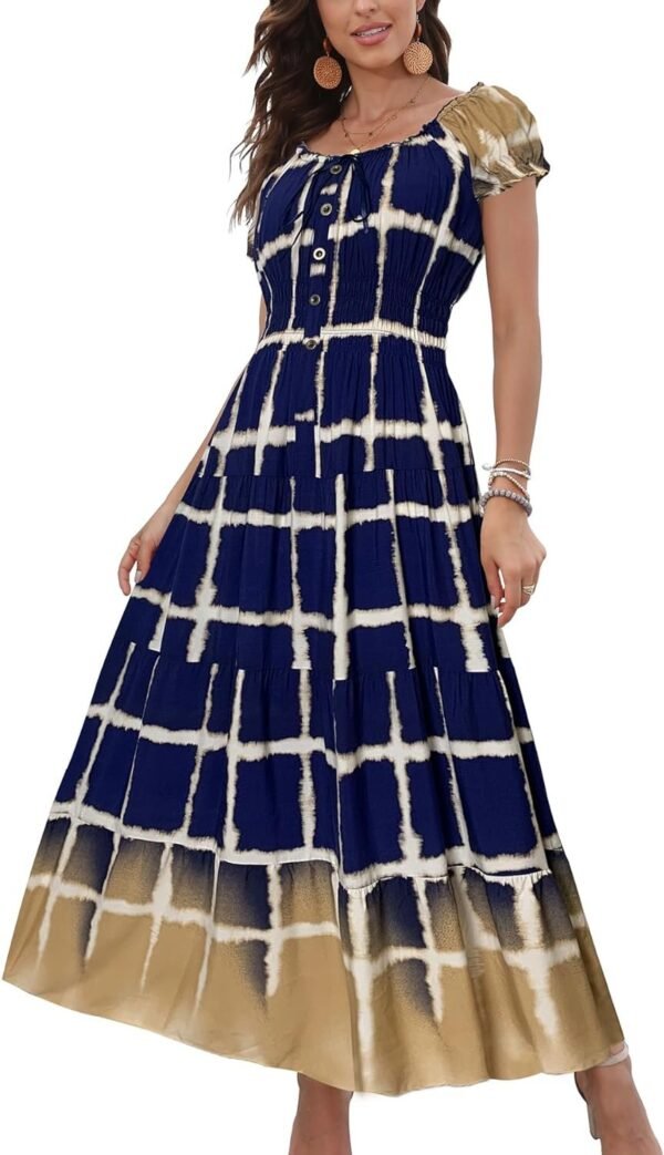 Connecteri  Women's 2024 Summer Short Sleeves Boho Floral Print Tiered Casual Flowy Long Maxi Dress