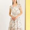 Connecteri  K Women's Floral Chiffon Flutter Sleeve Belted Square Neck Ruffled Hem Dress