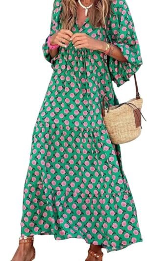 Connecteri  Womens Loose Fit Casual Summer V Neck Half Sleeve Bohemian Geometric Pattern Maxi Long Dresses