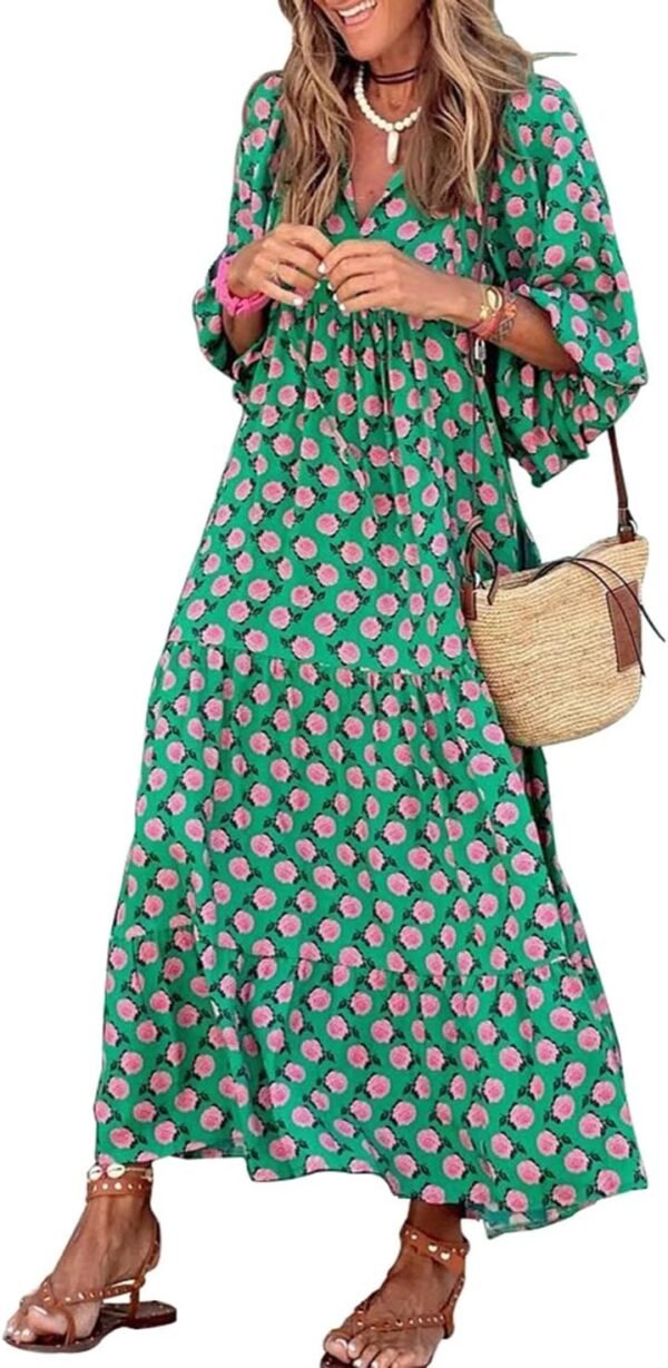 Connecteri  Womens Loose Fit Casual Summer V Neck Half Sleeve Bohemian Geometric Pattern Maxi Long Dresses