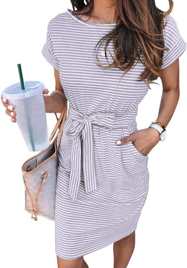 Connecteri  Women's Summer Striped Short Sleeve T Shirt Dress Casual Tie Waist with Pockets