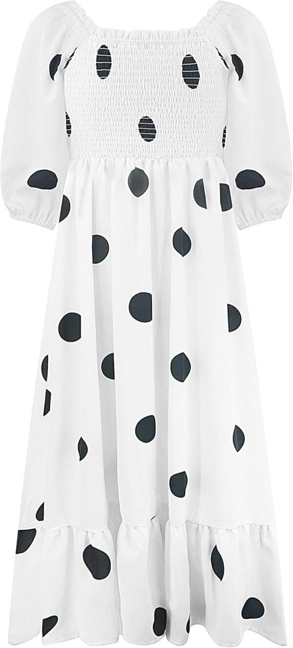 Connecteri  Women's Summer Cotton Puff Sleeves Casual Vintage Polka Dots Print Off Shoulder Midi Dress