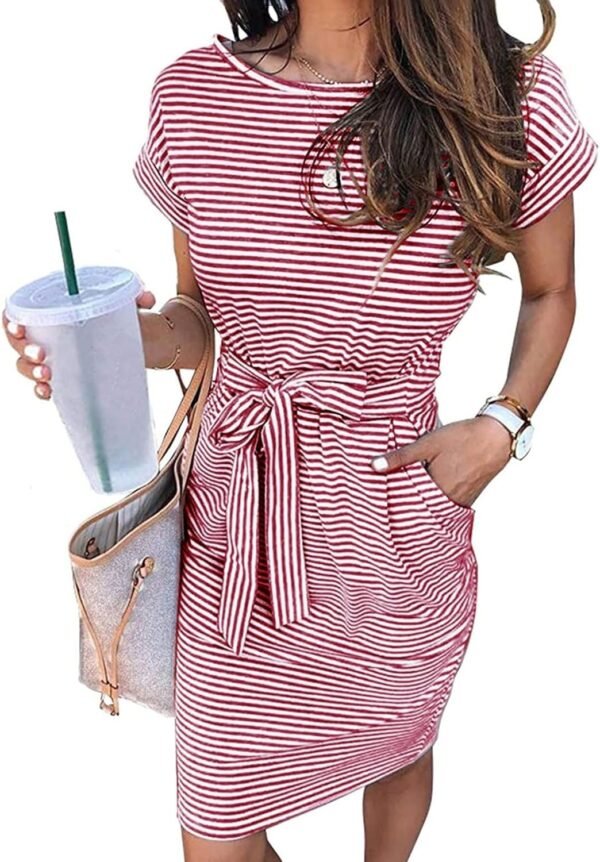 Connecteri  Women's Summer Striped Short Sleeve T Shirt Dress Casual Tie Waist with Pockets