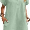 Connecteri  Womens Cotton Shirt Dress Summer Casual Short Sleeve Button Down Beach Cover Up Shirts with Pockets