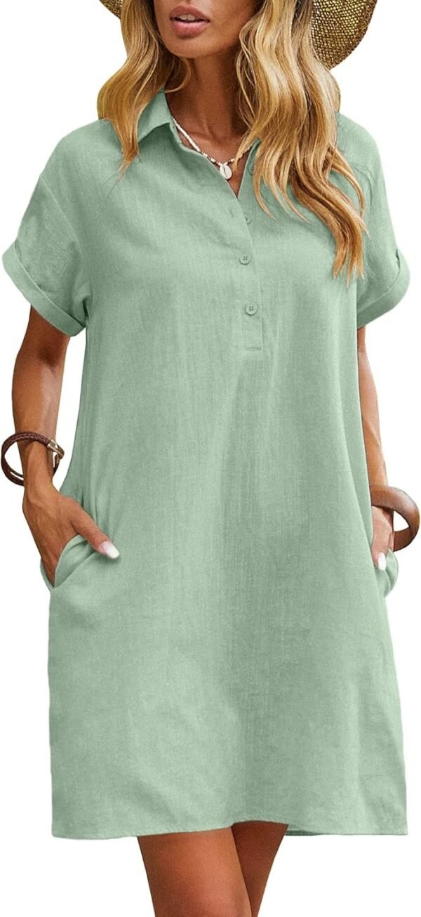 Connecteri  Womens Cotton Shirt Dress Summer Casual Short Sleeve Button Down Beach Cover Up Shirts with Pockets