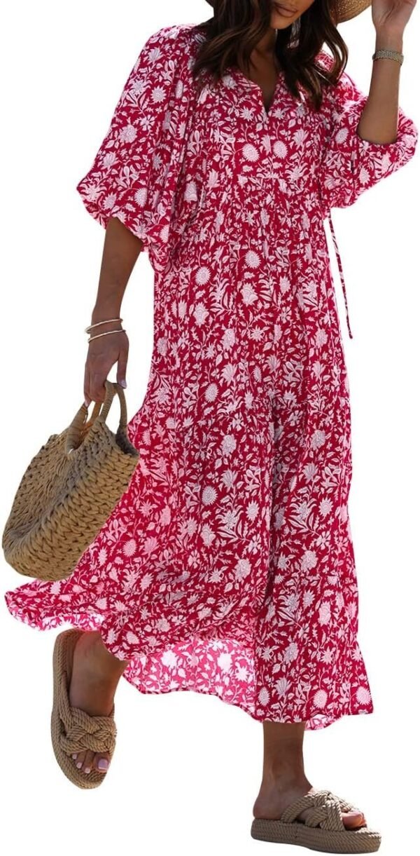 Connecteri  Womens Loose Fit Casual Summer V Neck Half Sleeve Bohemian Geometric Pattern Maxi Long Dresses