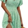 Connecteri  Womens Sundress Summer Floral Short Sleeve Wrap V Neck A-Line Midi Dress
