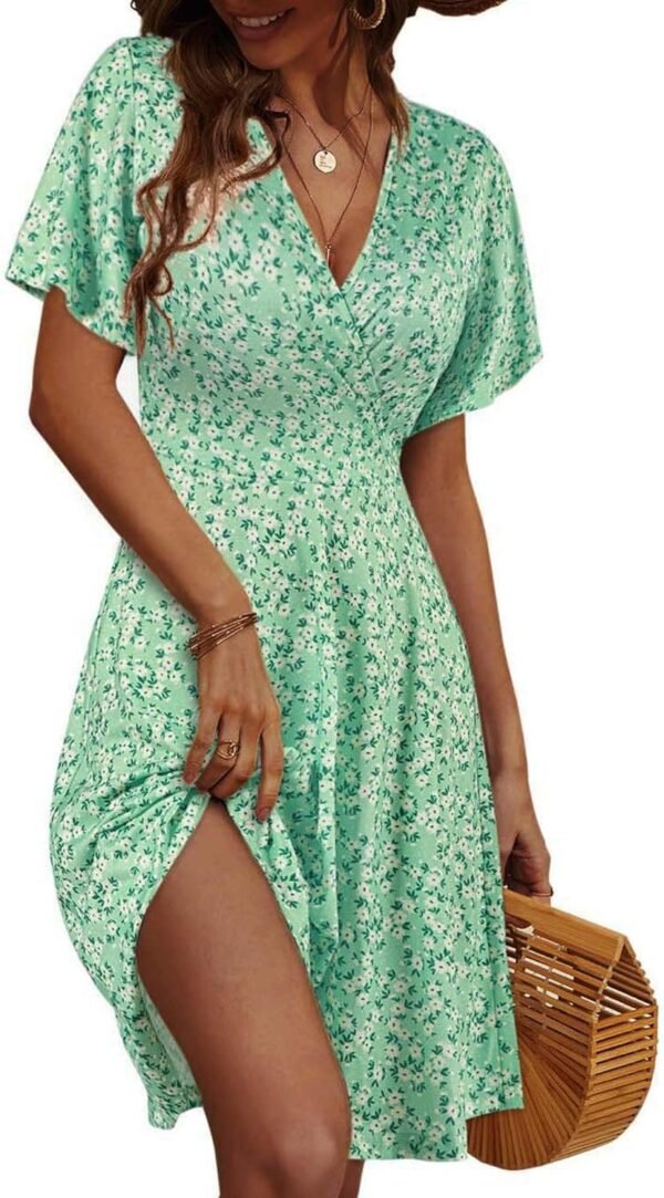 Connecteri  Womens Sundress Summer Floral Short Sleeve Wrap V Neck A-Line Midi Dress