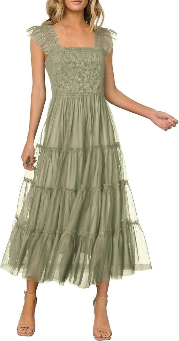 Connecteri  Womens 2024 Summer Casual Sleeveless Smocked Ruffle Tulle Flowy Beach Sundress