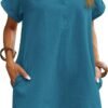 Connecteri  Womens Cotton Shirt Dress Summer Casual Short Sleeve Button Down Beach Cover Up Shirts with Pockets