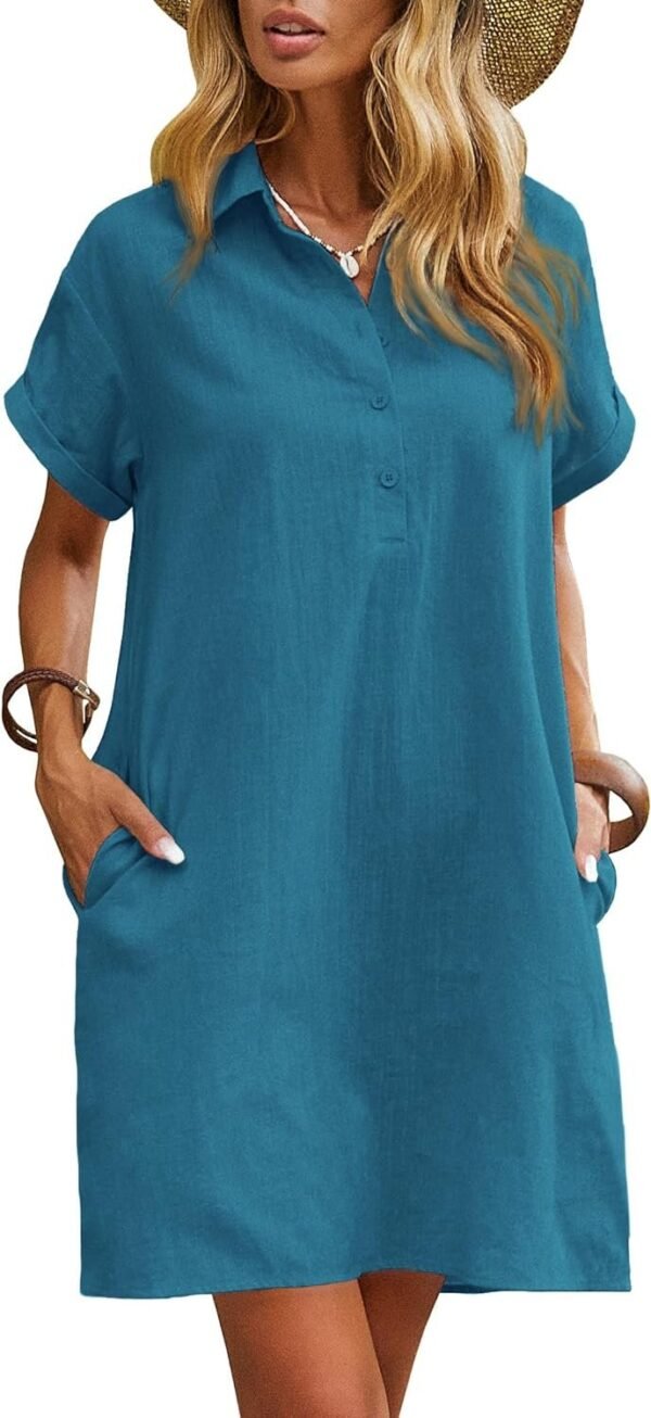 Connecteri  Womens Cotton Shirt Dress Summer Casual Short Sleeve Button Down Beach Cover Up Shirts with Pockets