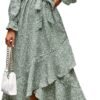 Connecteri  Women Long Sleeve Wrap Maxi Dress V Neck Boho Floral High Waist Flowy Ruffle 2024 Spring Summer Dresses with Belt
