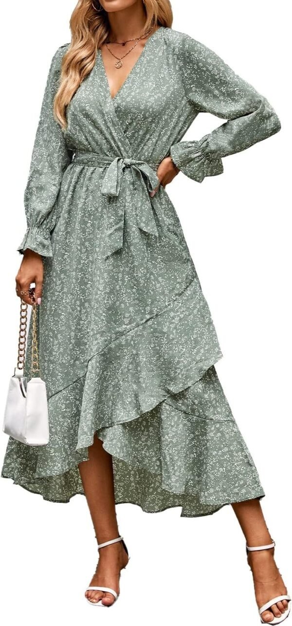 Connecteri  Women Long Sleeve Wrap Maxi Dress V Neck Boho Floral High Waist Flowy Ruffle 2024 Spring Summer Dresses with Belt
