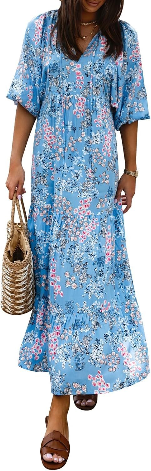 Connecteri  Womens Loose Fit Casual Summer V Neck Half Sleeve Bohemian Geometric Pattern Maxi Long Dresses