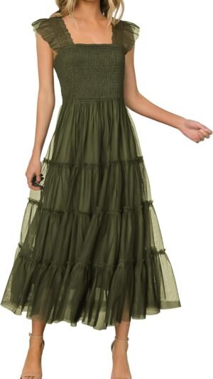 Connecteri?Womens 2024 Summer Casual Sleeveless Smocked Ruffle Tulle Flowy Beach Sundress