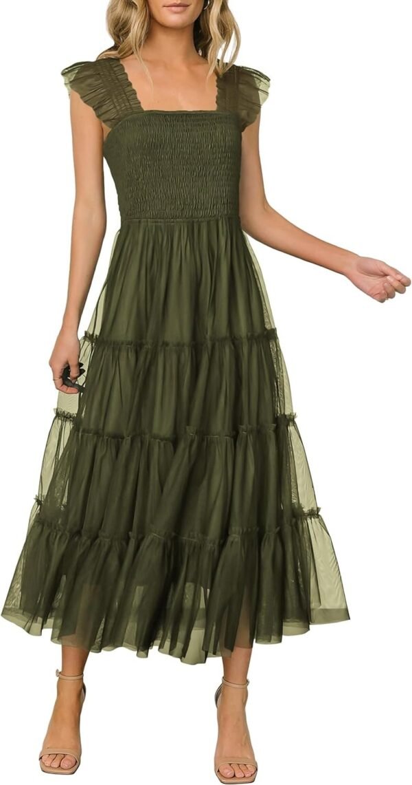 Connecteri?Womens 2024 Summer Casual Sleeveless Smocked Ruffle Tulle Flowy Beach Sundress