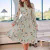 Connecteri  Women's Floral Midi Dress Puff Long Sleeve Casual Ruffle Chiffon A-Line Swing Pleated Belted Tea Party Dresses