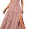 Connecteri  Women's Summer One Shoulder Sleeveless Knot Smocked Midi Dress Split Tiered Flowy Dresses