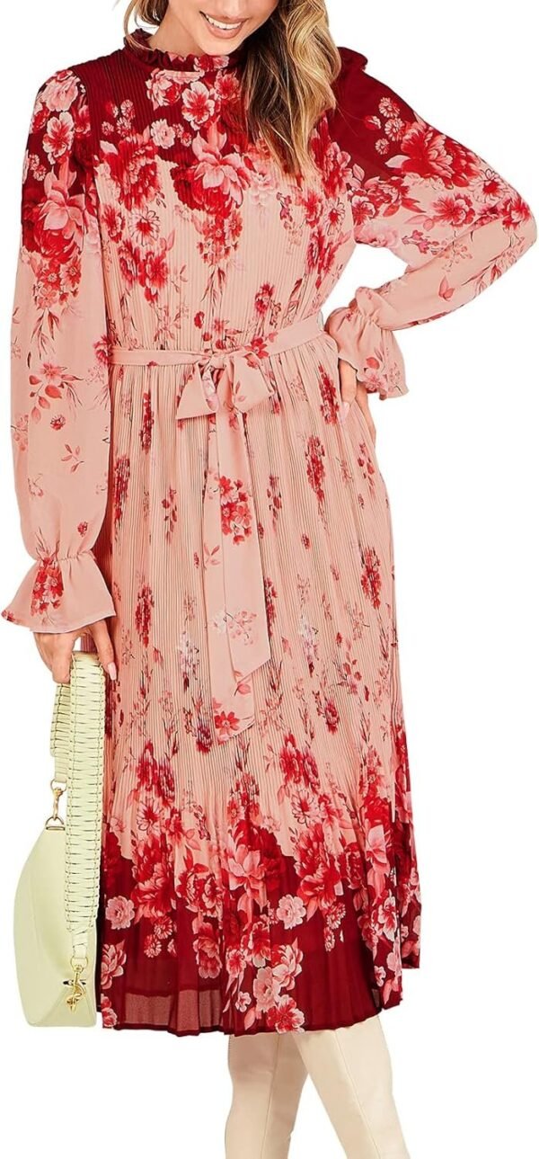 Connecteri  Women's Floral Midi Dress Puff Long Sleeve Casual Ruffle Chiffon A-Line Swing Pleated Belted Tea Party Dresses