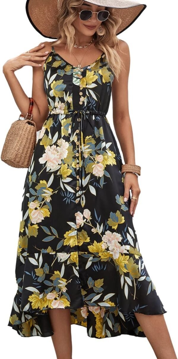 Connecteri  Women's 2024 Summer Casual Boho Sundress Polka Dot Spaghetti Strap V Neck Flowy Midi Dresses