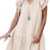 Connecteri  Womens Summer V-Neck Drawstring Ruffle Cap Short Sleeve Casual Shift Mini Dress with Pockets