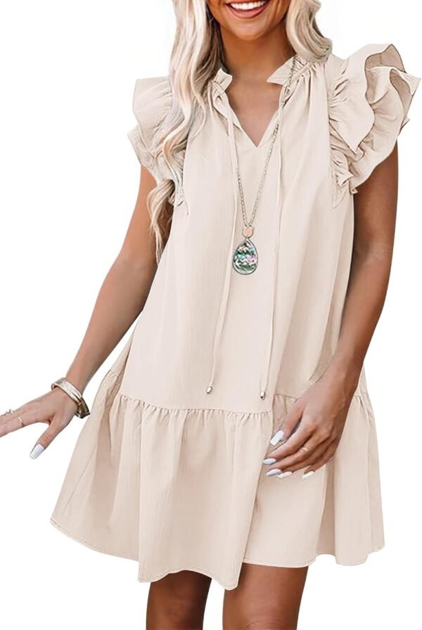 Connecteri  Womens Summer V-Neck Drawstring Ruffle Cap Short Sleeve Casual Shift Mini Dress with Pockets