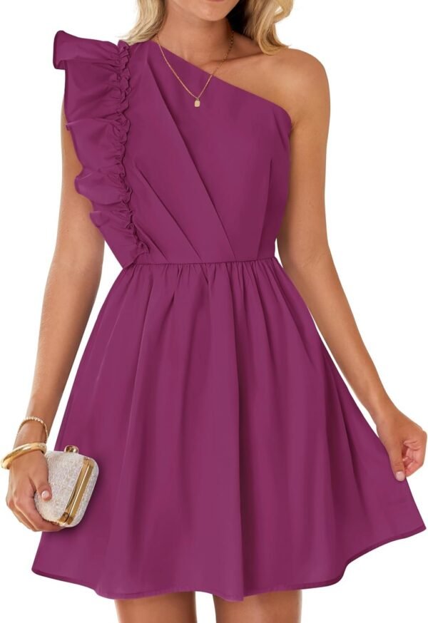 Connecteri Women's Summer One Shoulder Ruffle Dress 2024 Boho Sleeveless Elastic High Waist Swing Mini Dresses