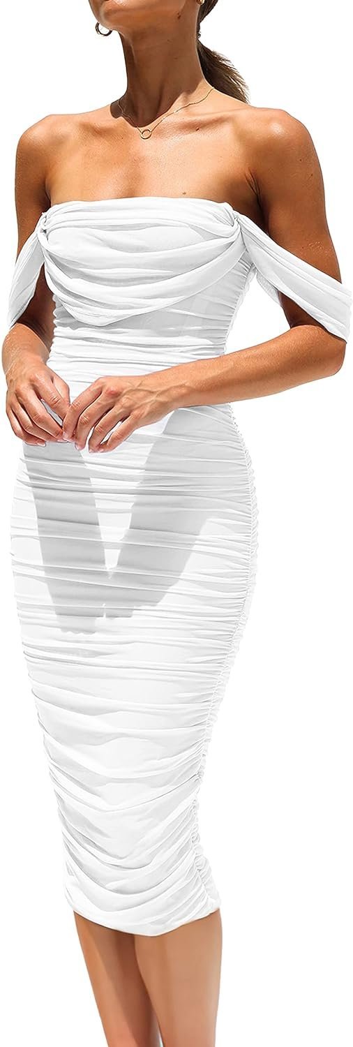 Connecteri  Womens Summer Off The Shoulder Ruched Bodycon Dresses Sleeveless Fitted Party Club Midi