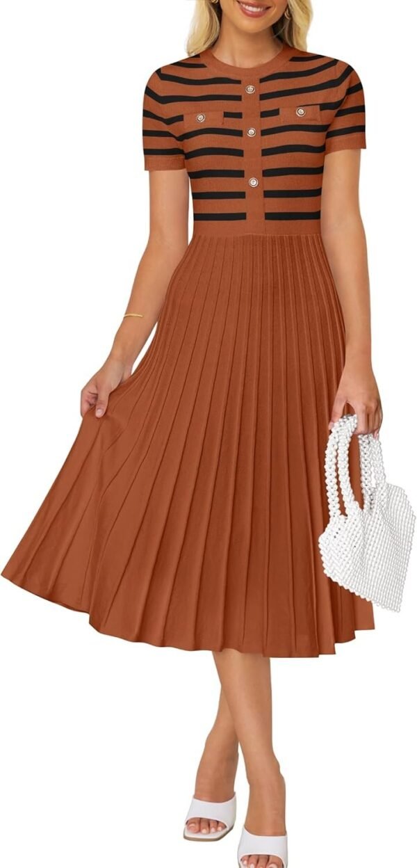 Connecteri Women's Casual Striped Midi Dress Crewneck Short Sleeve Button Ribbed Knit Swing Pleated A Line Dresses